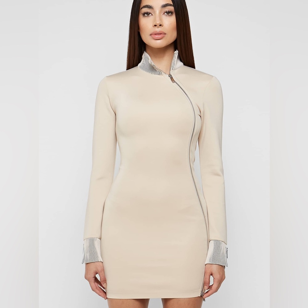 Maniere De Voir Cream Mini Dress with Pinstripe Trim